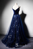 A-line Deep V neck Dark Navy Velvet Tulle Long Pageant Prom Dress Evening Dresses SED053|Selinadress
