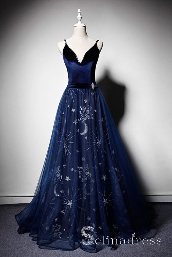 A-line Deep V neck Dark Navy Velvet Tulle Long Pageant Prom Dress Evening Dresses SED053|Selinadress