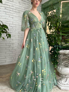 A-line Deep V Neck Half Sleeve Long Prom Dress With Flower Beautiful Evening Dresses HLK021|Selinadress