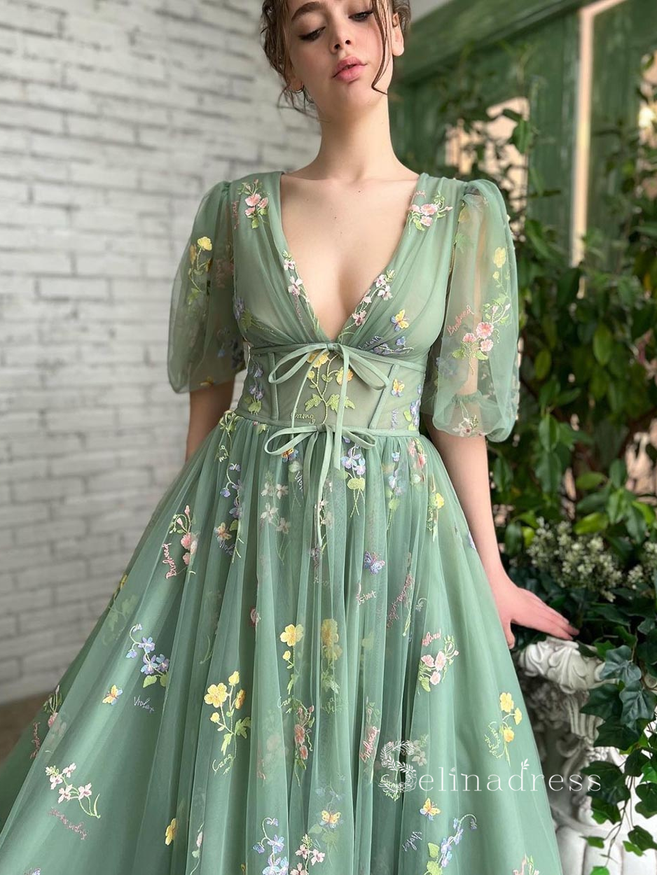 A-line Deep V Neck Half Sleeve Long Prom Dress With Flower Beautiful E SELINADRESS A-line Deep V Neck Half Sleeve Long Prom Dress With Flower Beautiful E SELINADRESS