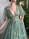 A-line Deep V Neck Half Sleeve Long Prom Dress With Flower Beautiful Evening Dresses HLK021|Selinadress