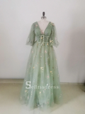 A-line Deep V Neck Half Sleeve Long Prom Dress With Flower Beautiful Evening Dresses HLK021