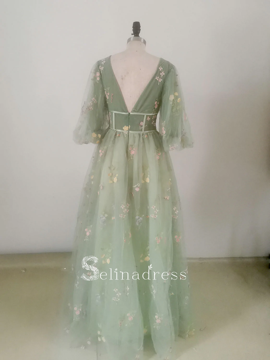 A-line Deep V Neck Half Sleeve Long Prom Dress With Flower Beautiful E SELINADRESS A-line Deep V Neck Half Sleeve Long Prom Dress With Flower Beautiful E SELINADRESS