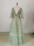 A-line Deep V Neck Half Sleeve Long Prom Dress With Flower Beautiful Evening Dresses HLK021