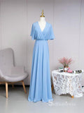 A-line Deep V neck Light Sky Blue Bridesmaid Dress Cheap Bridesmaid Dresses BRD005|Selinadress