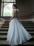 A-line Deep V neck Light Sky Blue Long Prom Dress Cheap Chiffon Evening Gowns #POL010