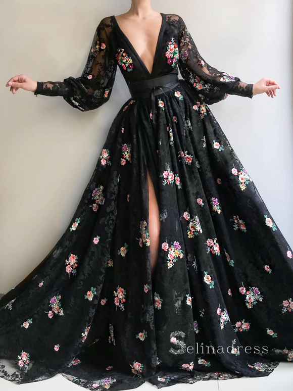 A-line Deep V neck Long Sleeve Prom Dress With Lace Flower Evening Dresses HLK008|Selinadress