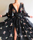 A-line Deep V neck Long Sleeve Prom Dress With Lace Flower Evening Dresses HLK008|Selinadress