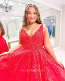 A-line Deep V neck Red Elegant Long Prom Dress Lace Party Dress Evening Dress #LOP007|Selinadress