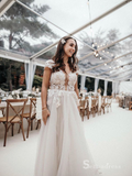 A-line Deep V neck Rustic Lace Wedding Dresses Open Back Applique Bridal Gowns MHL176|Selinadress