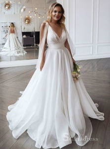A-line Deep V neck Rustic Wedding Dresses Backless Bridal Gowns