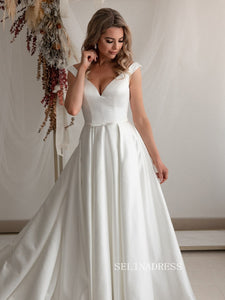 A-line Deep V neck Satin Wedding Dresses Cheap Wedding Gown Bridal Dress JKW213|Selinadress