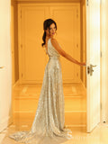 A-line Deep V neck Sparkly Long Prom Dresses Silver Formal Gowns CBD408|Selinadress