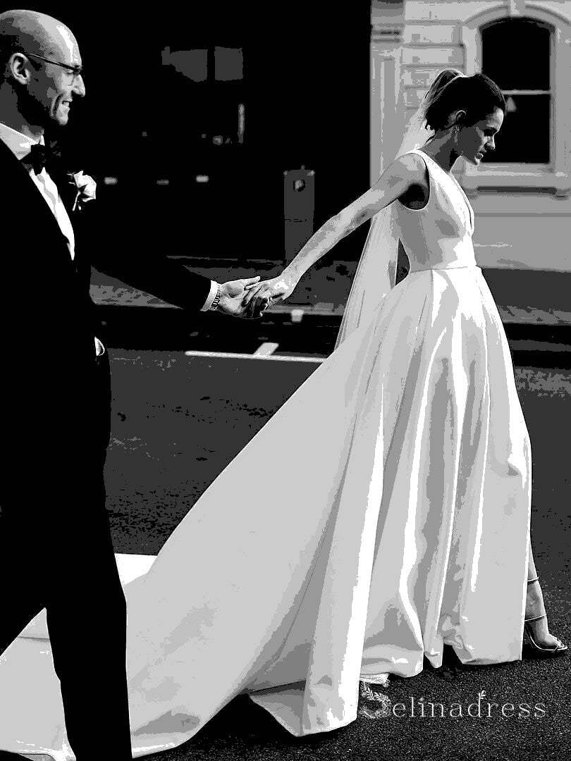 A-line Deep V neck Thigh Split Satin Wedding Dresses Bridal Gowns CBD0 SELINADRESS A-line Deep V neck Thigh Split Satin Wedding Dresses Bridal Gowns CBD0 SELINADRESS