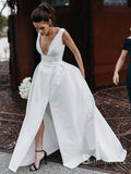 A-line Deep V neck Thigh Split Satin Wedding Dresses Bridal Gowns CBD092|Selinadress
