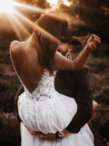 A-line Deep V Neck White Lace Wedding Dresses Open Back Bridal Gowns CBD386|Selinadress