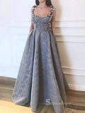 A-line Gray Straps Lace Applique Long Prom Dresses Luxury Evening Dresses ASB021|Selinadress