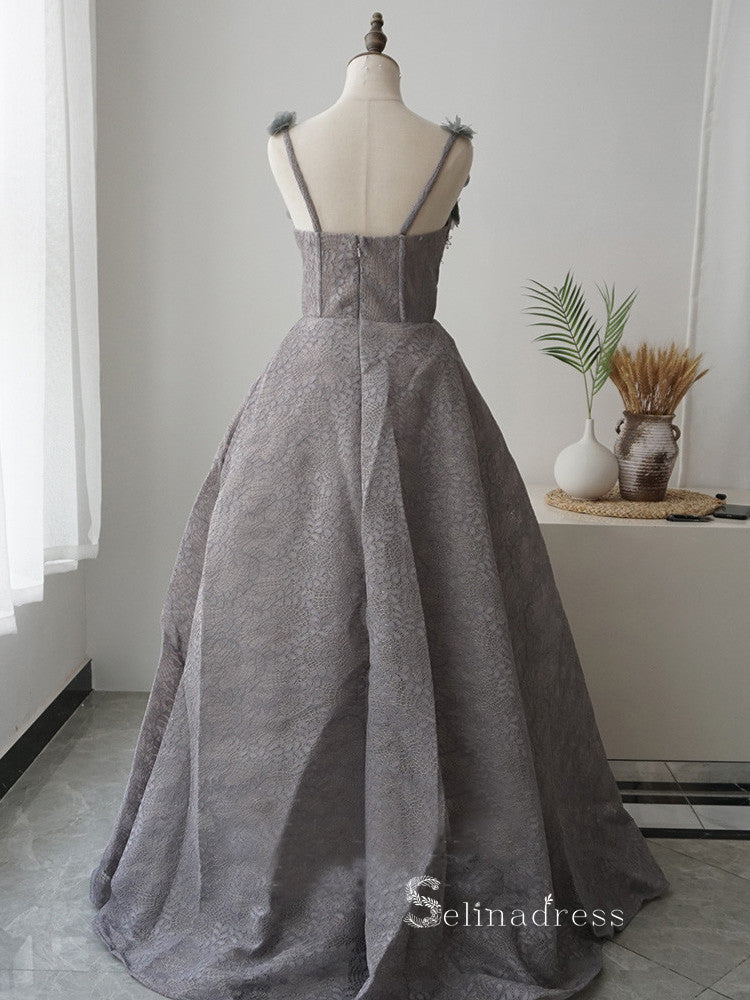 A-line Gray Straps Lace Applique Long Prom Dresses Luxury Evening Dres SELINADRESS A-line Gray Straps Lace Applique Long Prom Dresses Luxury Evening Dres SELINADRESS