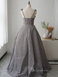 A-line Gray Straps Lace Applique Long Prom Dresses Luxury Evening Dresses ASB021|Selinadress