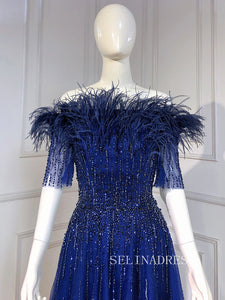 A-line Half Sleeve Roayl Blue Long Prom Dress Beaded Evening Formal Gown hlks015|Selinadress
