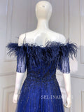 A-line Half Sleeve Roayl Blue Long Prom Dress Beaded Evening Formal Gown hlks015|Selinadress