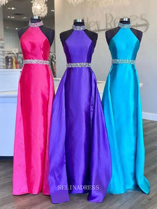 A-line Halter Long Prom Dress Beaded Formal Dresses Satin Evening Dress KPY067|Selinadress
