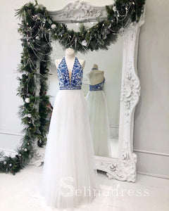 A-line Halter Long Prom Dresses V neck Prom Girl Dresses Royal Blue Long Evening Gowns Formal Dress SED148|Selinadress