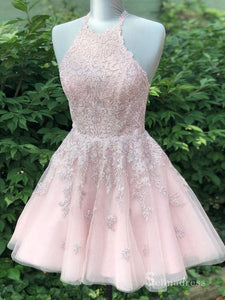 A-line Halter Pink Lace Short Prom Dress Homecoming Dresses #MLH041|Selinadress