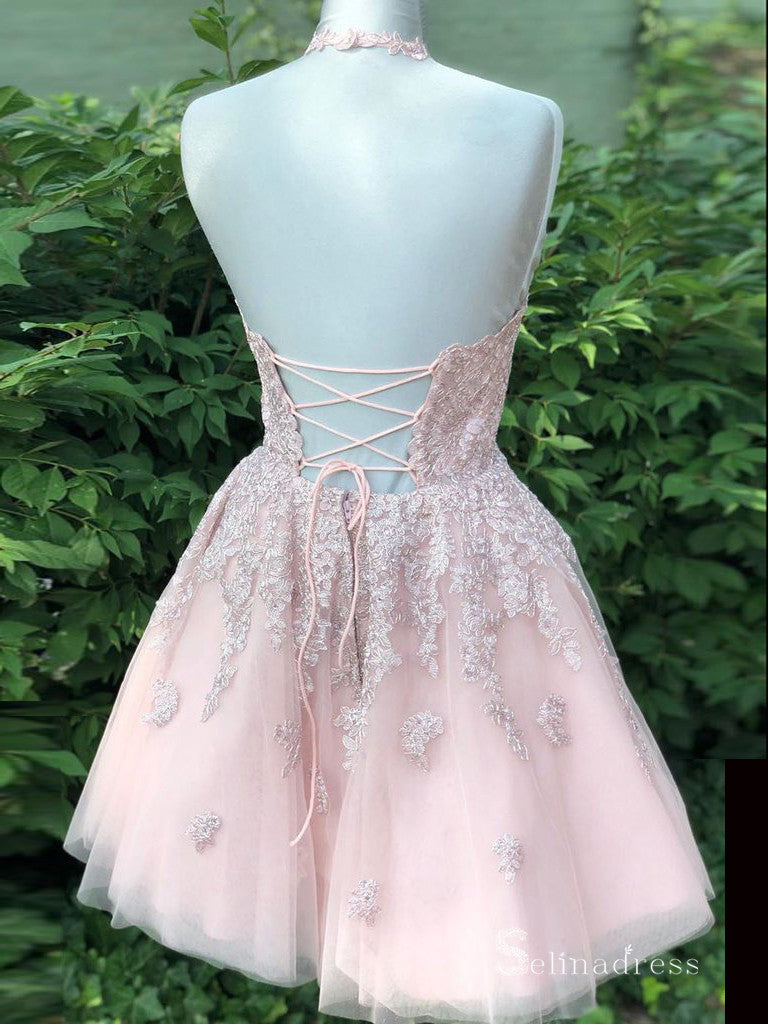A-line Halter Pink Lace Short Prom Dress Homecoming Dresses #MLH041 SELINADRESS A-line Halter Pink Lace Short Prom Dress Homecoming Dresses #MLH041 SELINADRESS