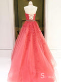 A-line Halter Watermelon Lace Applique Long Prom Dresses Formal Gowns SDL014