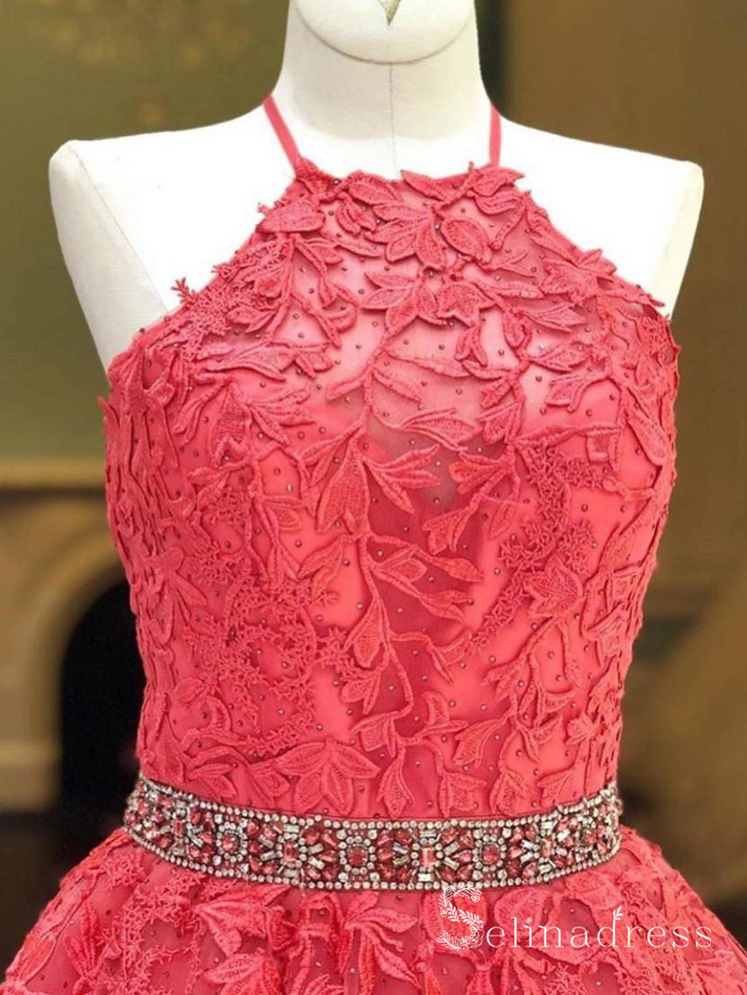 A-line Halter Watermelon Lace Applique Long Prom Dresses Formal Gowns SELINADRESS A-line Halter Watermelon Lace Applique Long Prom Dresses Formal Gowns SELINADRESS