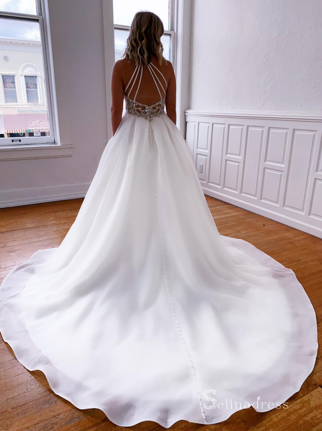 A-line High Neck Beaded White Wedding Dresses With Pocket Bridal Gowns SELINADRESS A-line High Neck Beaded White Wedding Dresses With Pocket Bridal Gowns SELINADRESS