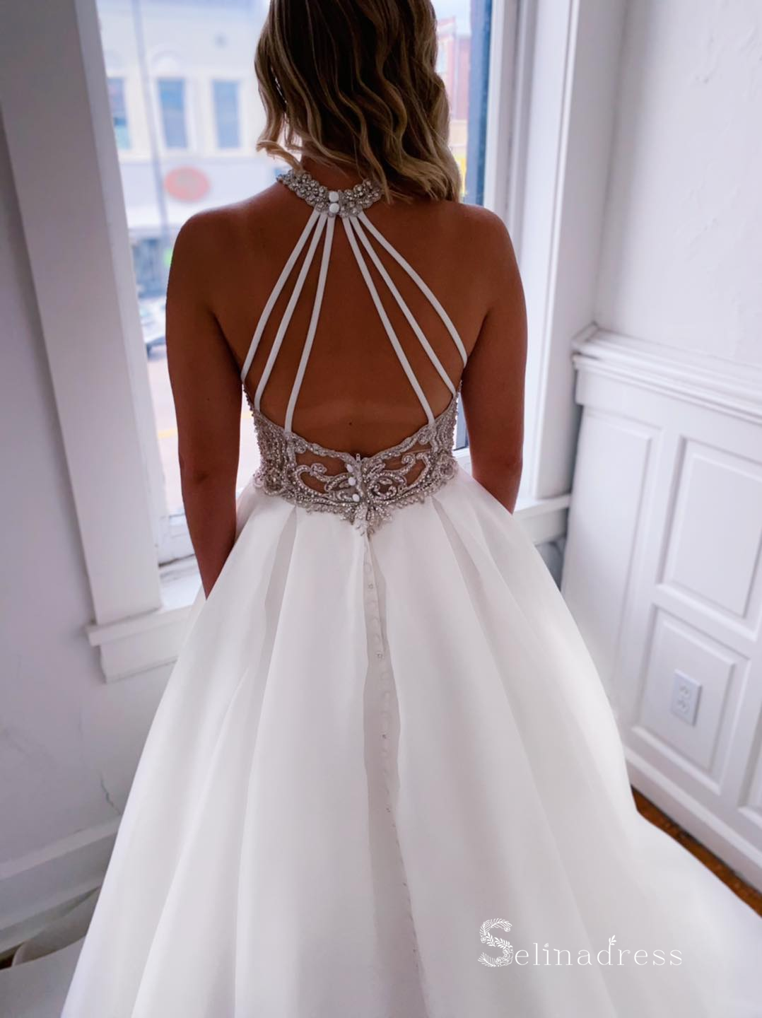 A-line High Neck Beaded White Wedding Dresses With Pocket Bridal Gowns SELINADRESS A-line High Neck Beaded White Wedding Dresses With Pocket Bridal Gowns SELINADRESS