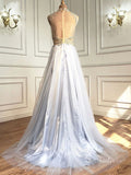 A-line High Neck Elegant Long Prom Dress Beaded Evening Gown SC036