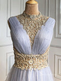 A-line High Neck Elegant Long Prom Dress Beaded Evening Gown SC036