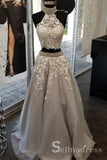 A-line High Neck Gray Long Prom Dresses Lace Beaded Modest Formal Evening Dresses SED042|Selinadress