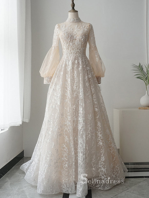 A-line High Neck Lantern Sleeve Luxury Lace Long Prom Dresses Evening Dresses ASB011|Selinadress