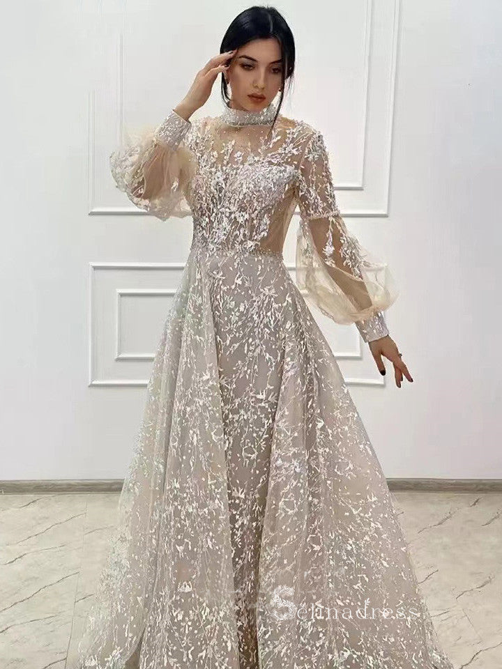 A-line High Neck Lantern Sleeve Luxury Lace Long Prom Dresses Evening SELINADRESS A-line High Neck Lantern Sleeve Luxury Lace Long Prom Dresses Evening SELINADRESS