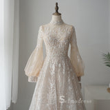 A-line High Neck Lantern Sleeve Luxury Lace Long Prom Dresses Evening Dresses ASB011|Selinadress