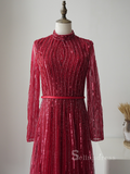 A-line High Neck Long Sleeve Beaded Long Prom Dress luxurious Burgundy Evening Gowns ASB005|Selinadress