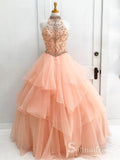A-line High Neck Pearl Pink Beaded Long Prom Modest Formal Dress Evening Dress SED028