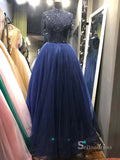 A-line High Neck Royal Blue Glitter Long Prom Dress Beaded Evening Formal Gown SC029