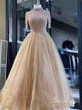 A-line High Neck Royal Blue Glitter Long Prom Dress Beaded Evening Formal Gown SC029