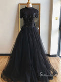 A-line High Neck Short Elegant Long Prom Dresses Beaded Evening Formal Dress SC026
