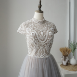 A-line High Neck Short Sleeve Elegant Prom Dress Gray Luxury Long Evening Gowns ASB012|Selinadress