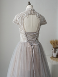 A-line High Neck Short Sleeve Elegant Prom Dress Gray Luxury Long Evening Gowns ASB012|Selinadress