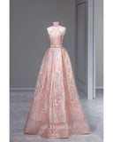 A-line High Neck Sparkly Prom Dress Cheap Bow Tie Pink Long Formal Dresses KPY060|Sleinadress