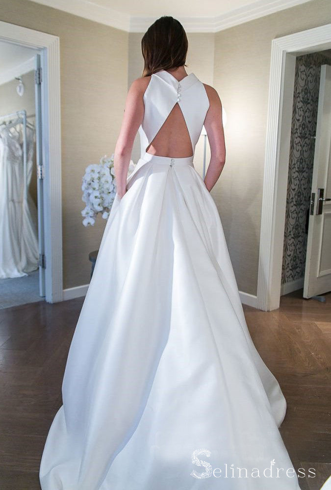 A-line High Neck Wedding Dresses Simple Floor Length White Bridal Gown SELINADRESS A-line High Neck Wedding Dresses Simple Floor Length White Bridal Gown SELINADRESS