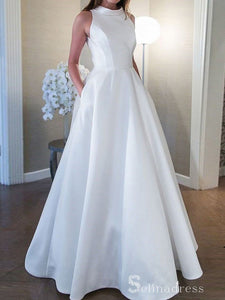 A-line High Neck Wedding Dresses Simple Floor Length White Bridal Gown SEW044