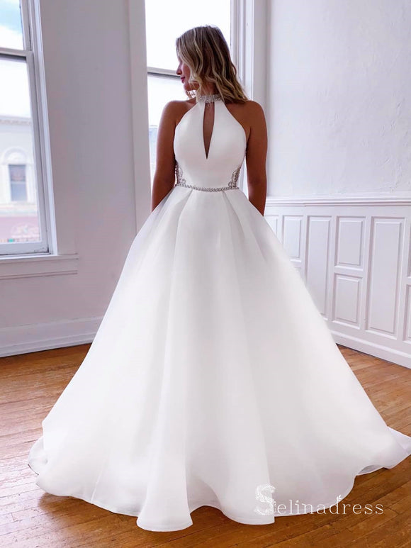 A-line High Neck White Beaded Long Prom Dresses Rustic Wedding Dress CBD474|Selinadress